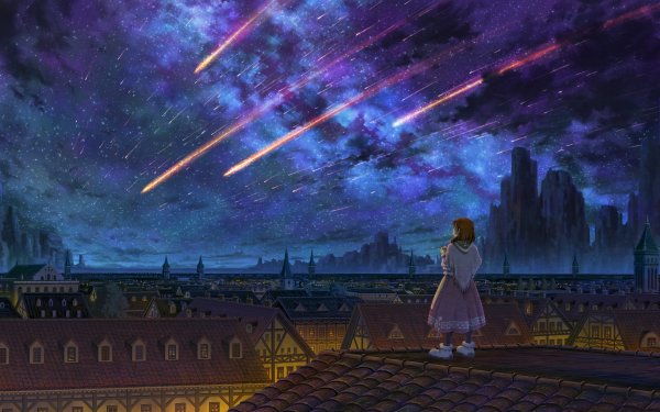 Anime Original Sky Starry Sky Night Shooting Star Town HD Wallpaper | Background Image