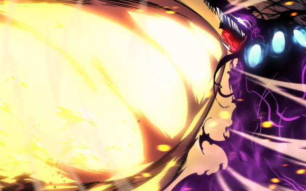 4K Ultra HD anime wallpaper featuring Tusk from Solo Leveling unleashing a powerful, glowing attack with dynamic lighting and intense energy effects.