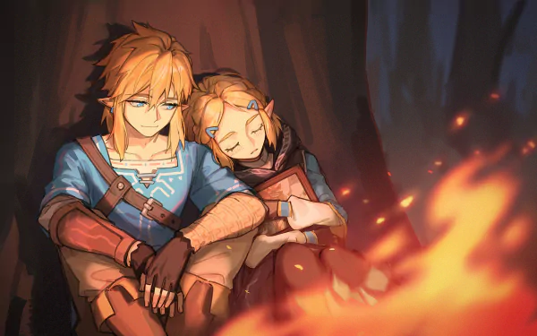 Link and Zelda from 'The Legend of Zelda: Tears of the Kingdom' share a peaceful moment by a campfire in this HD desktop wallpaper.
