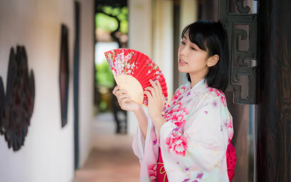 depth of field black hair fan kimono model woman asian HD Desktop Wallpaper | Background Image