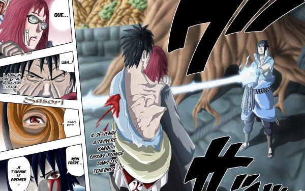 HD anime Naruto desktop wallpaper depicting an intense battle scene with characters Sasuke, Sakura, and Karin in dynamic action amidst a forest background.