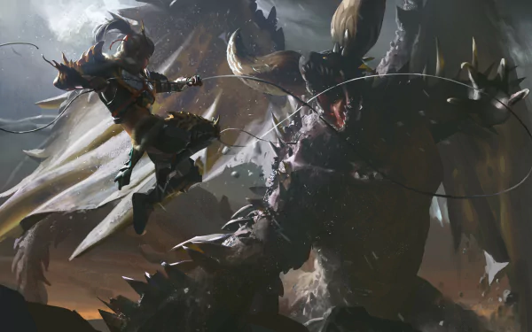 HD PC wallpaper featuring an intense battle between a hunter and Nergigante from the video game Monster Hunter: World.