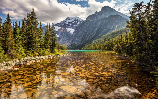 Clear river flows through dense forest with towering mountains in the background under a partly cloudy sky at Jasper National Park, Canada.