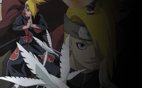 HD wallpaper featuring Deidara from Naruto, showcasing the character's distinctive look and artistry among dynamic backgrounds in vibrant anime style.