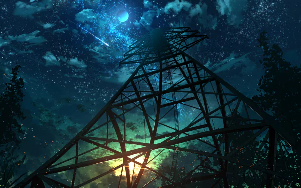 Anime-style HD wallpaper featuring a tall tower under a starry night sky, with a glowing moon and vibrant cosmic colors. The scene exudes a serene and mystical ambiance.