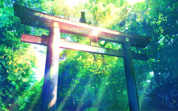 Anime-style HD desktop wallpaper featuring a vibrant shrine torii bathed in sunlight with a peaceful anime cat nearby, surrounded by lush green foliage.