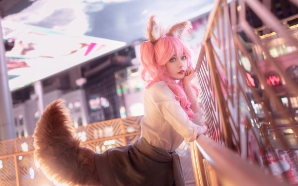 Women Cosplay Asian Tail Pink Hair Animal Ears HD Wallpaper | Background Image