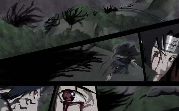 HD desktop wallpaper featuring Sasuke and Itachi Uchiha from Naruto with Sharingan eyes, set against a dark, forested background.