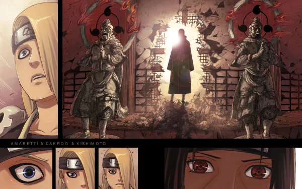 HD wallpaper featuring scenes from Naruto. Top left shows Deidara, center depicts Itachi Uchiha with a bright background, bottom displays close-up eyes of Deidara (left) and Itachi Uchiha with Sharingan (right).