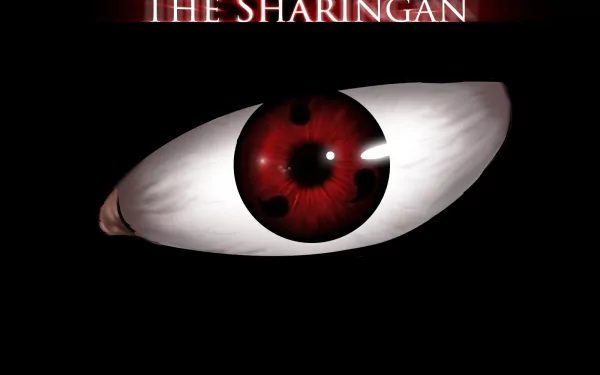 HD desktop wallpaper featuring the Sharingan eye from the anime Naruto, set against a dark background with the title THE SHARINGAN at the top.