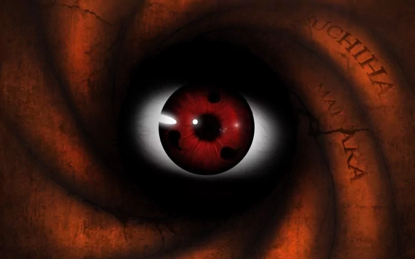 A striking HD desktop wallpaper featuring the intense red eye of Obito Uchiha from the anime Naruto, with swirling orange textures and the words Uchiha, Madara subtly incorporated into the background.