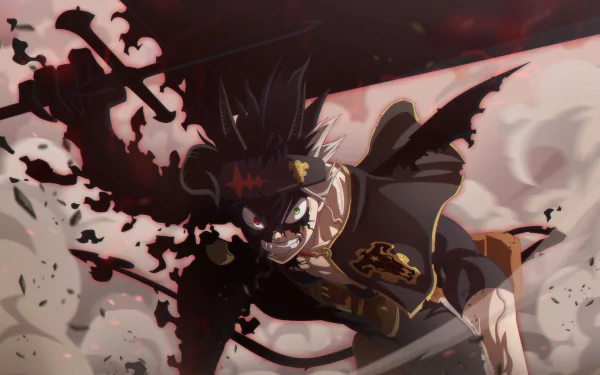 Asta from Black Clover anime in a dynamic pose with dark energy swirling around him, featured in a 4K Ultra HD PC desktop wallpaper.