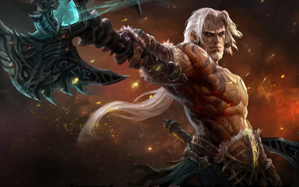 A fierce white-haired barbarian warrior grips a massive axe, set against a fiery fantasy backdrop in stunning 4K Ultra HD detail.