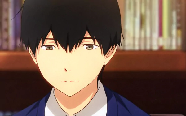 HD anime desktop wallpaper featuring Haruki Shiga from I Want To Eat Your Pancreas, set against a softly blurred bookshelf background.