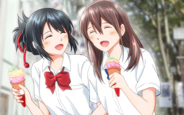 HD anime desktop wallpaper featuring Mitsuha Miyamizu from Your Name. and Sakura Yamauchi from I Want To Eat Your Pancreas enjoying ice cream together in a crossover scene.