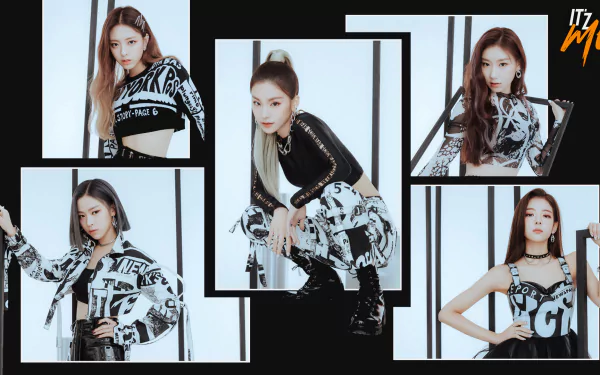 HD PC desktop wallpaper featuring the K-pop girl group ITZY in stylish black-and-white outfits, showcasing dynamic poses and bold fashion against a modern backdrop.