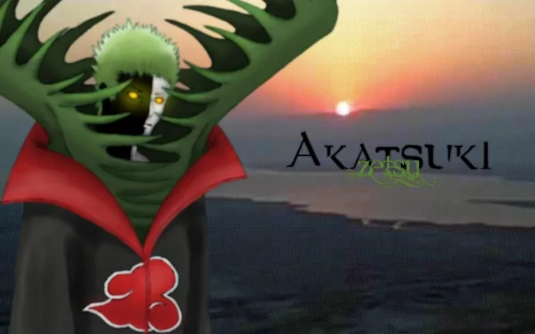 A dynamic HD wallpaper featuring Zetsu from Naruto, set against a stunning sunset background, with the word Akatsuki prominently displayed.