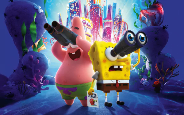HD desktop wallpaper featuring Patrick Star and SpongeBob SquarePants from the movie The SpongeBob Movie: Sponge on the Run in an underwater scene, looking through binoculars with a vibrant cityscape in the background.
