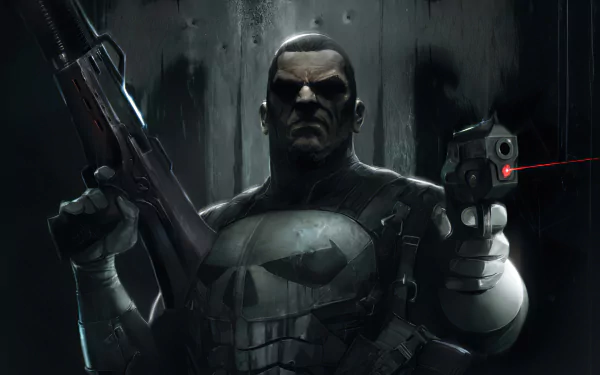 HD PC desktop wallpaper featuring Frank Castle as the Punisher, depicted in a dark, intense comic-style scene holding firearms with a glowing red laser sight.