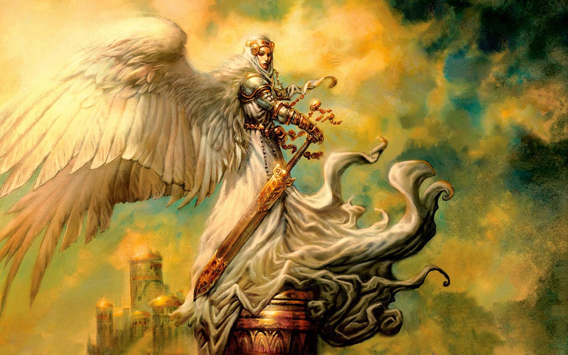 Avenging Angel, a majestic fantasy warrior with wings and a sword.