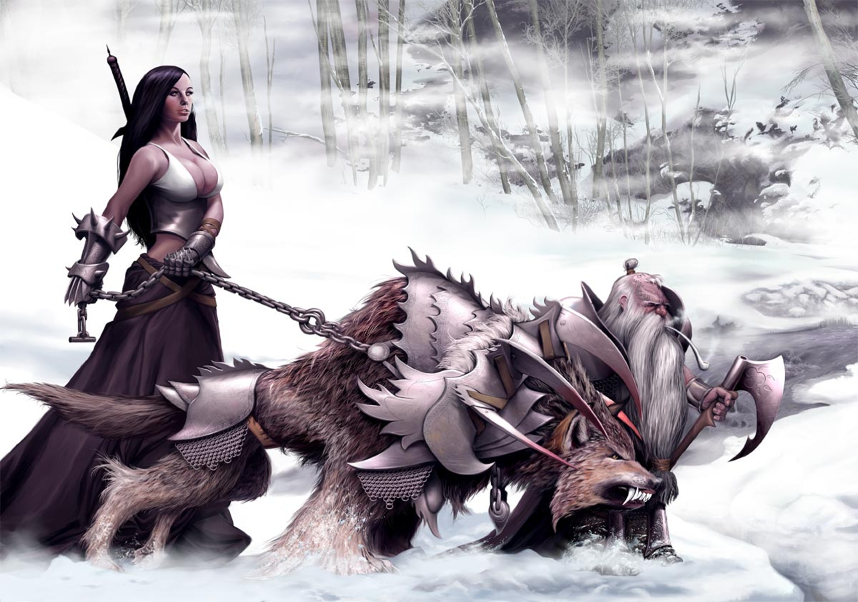 Fantasy warrior in winter armor, accompanied by a dwarf, in the Winter Warriors wallpaper.