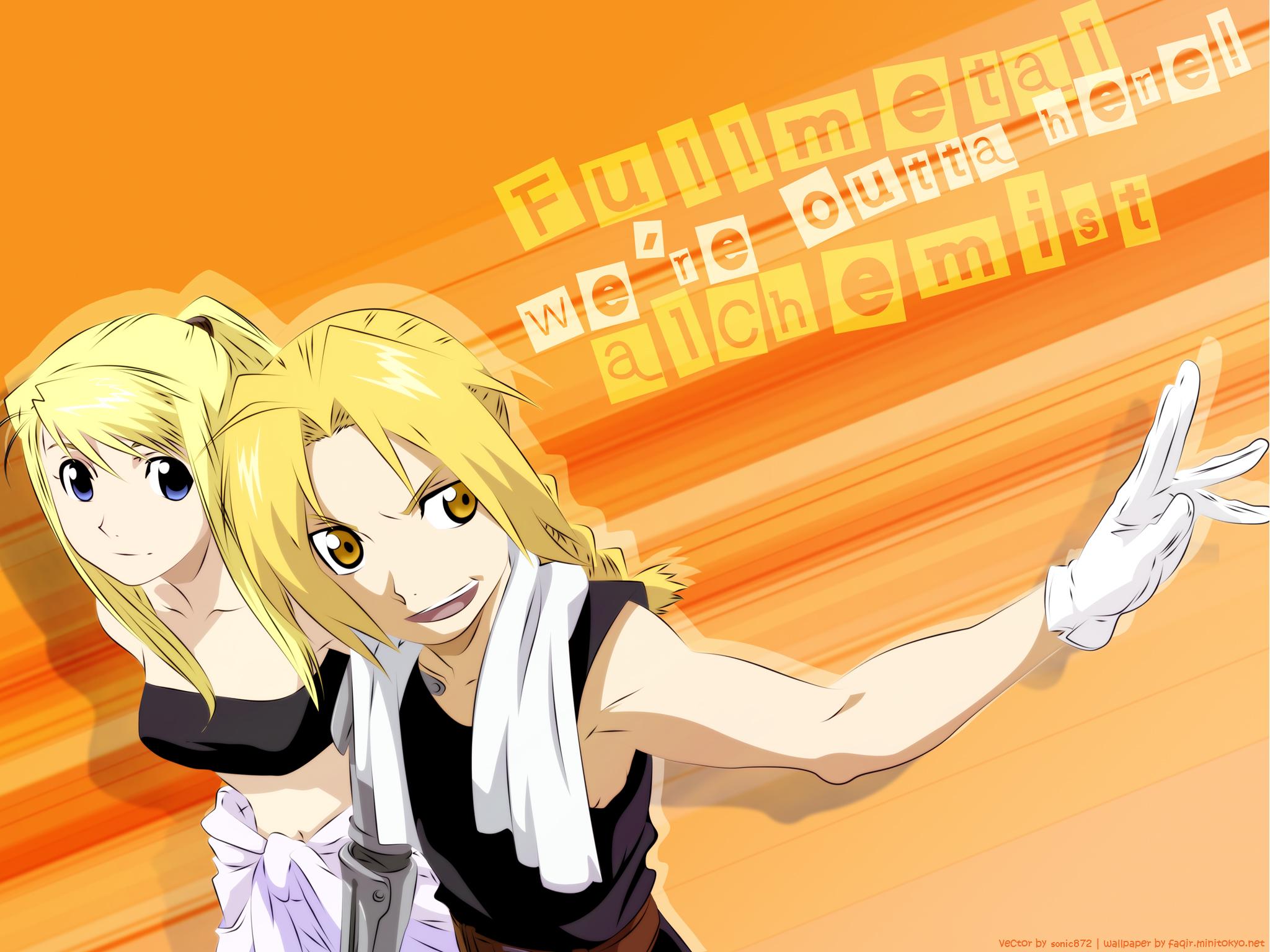 FullMetal Alchemist characters Edward Elric and Winry Rockbell in anime desktop wallpaper.