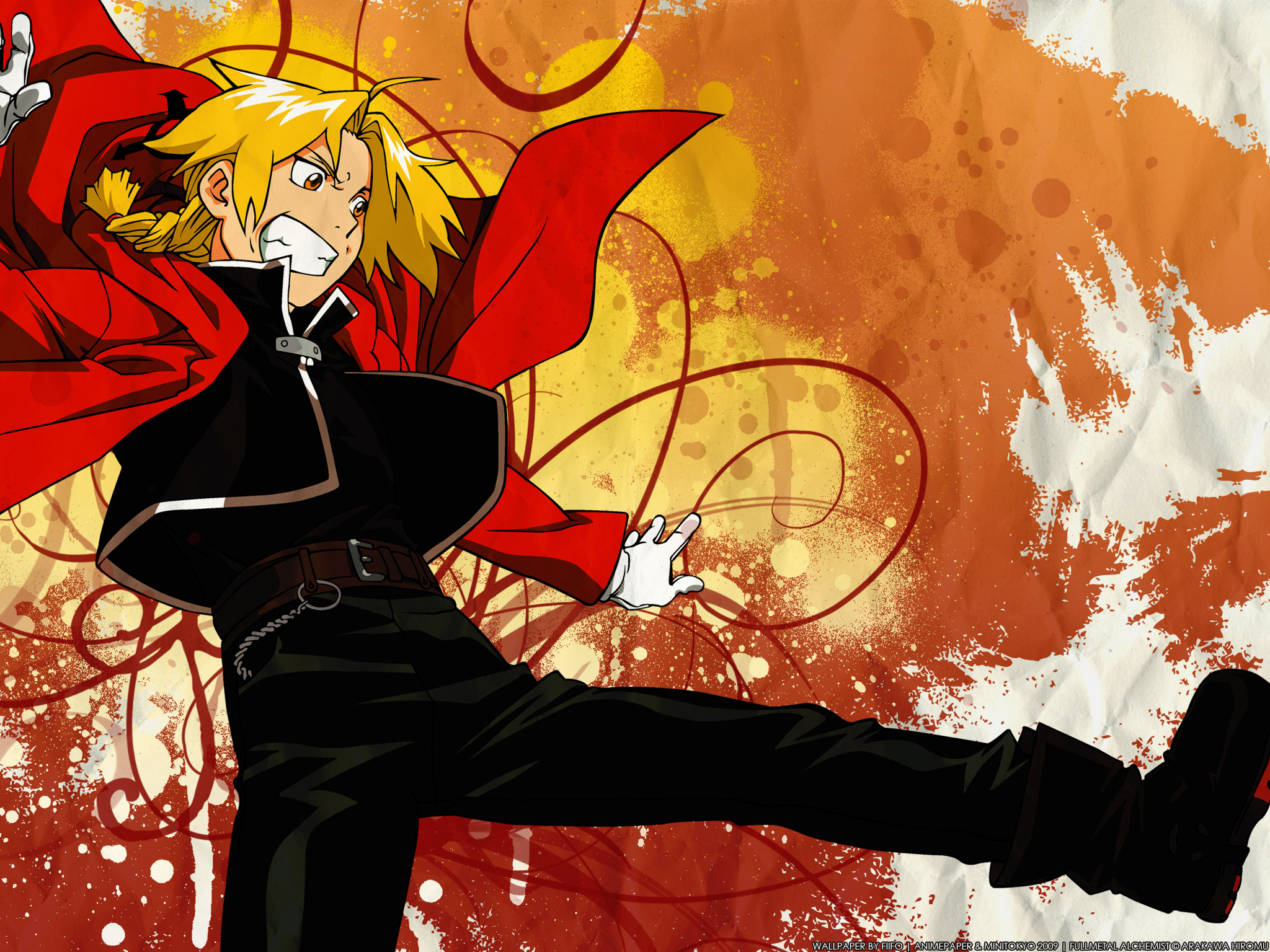 Anime character Edward Elric from FullMetal Alchemist in a desktop wallpaper image.