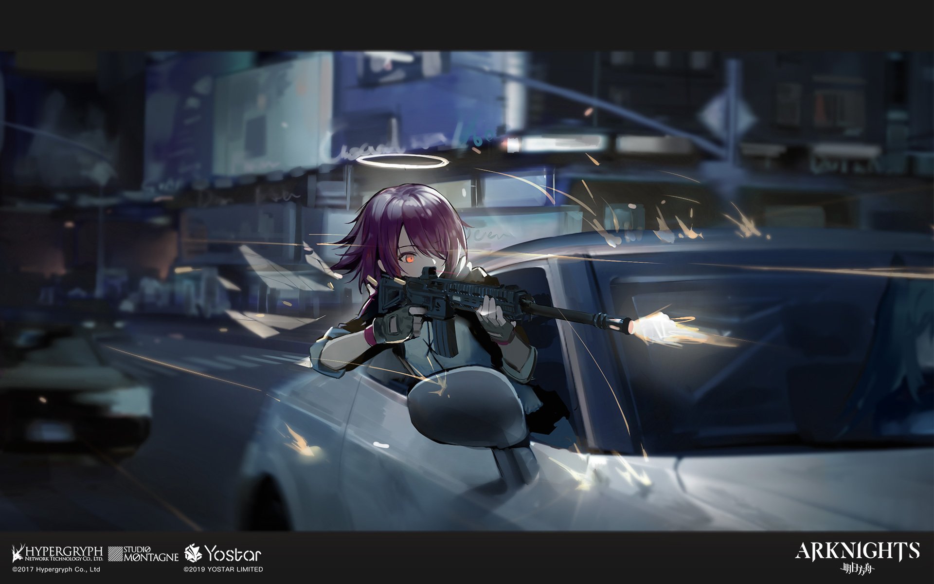 HD desktop wallpaper featuring Exusiai from the video game Arknights, showcasing a dynamic scene with Exusiai firing a weapon from a car in a cityscape.