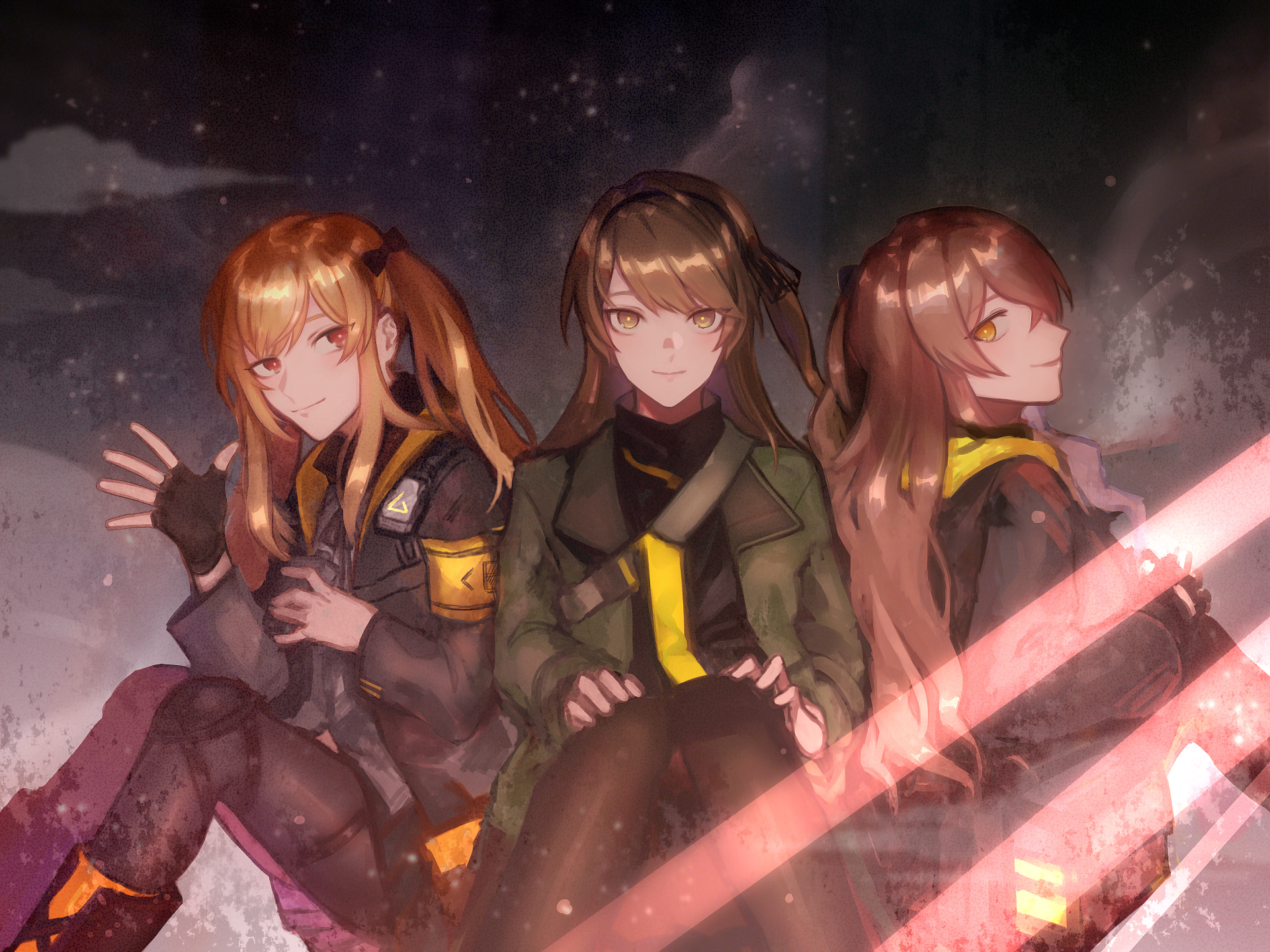 2K Quad HD PC wallpaper of video game Girls' Frontline trio UMP9, UMP45 and UMP40 posing against a moody night sky with pink light streaks.