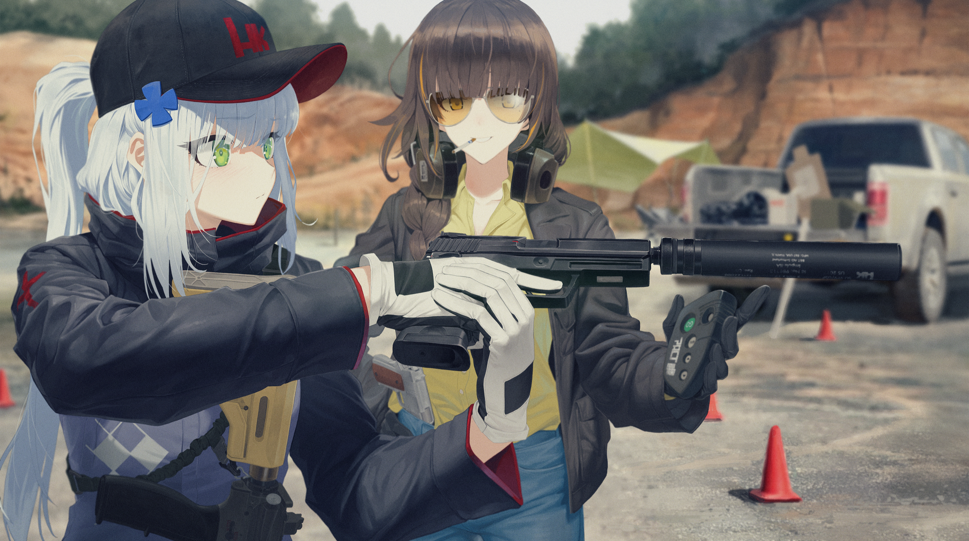 2K Quad HD Girls' Frontline video game desktop wallpaper: HK416 and M16A1 in tactical gear at a range, brown‑haired character wearing glasses while the other handles a rifle.