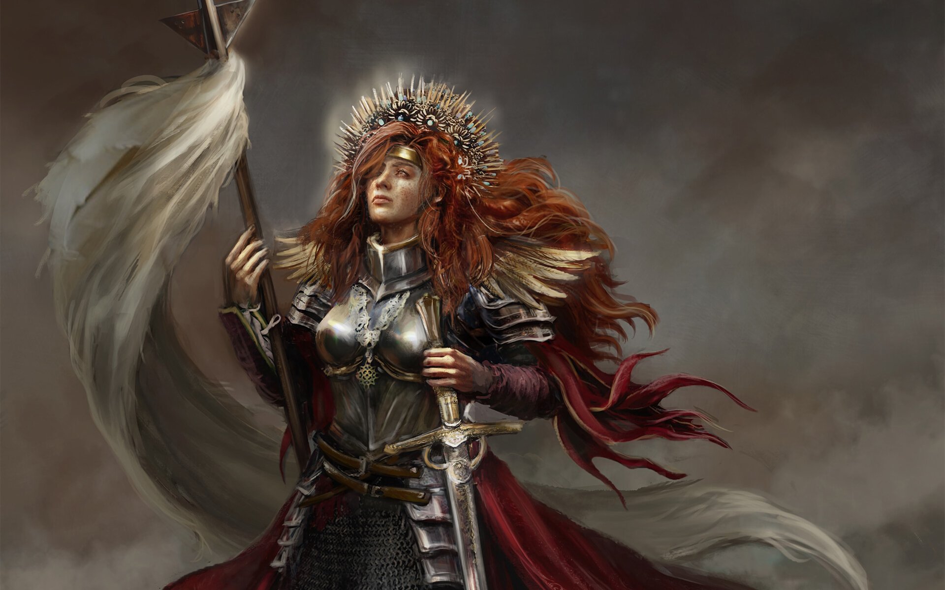 Freckled Banner Knight — Flame-Haired 4K Fantasy Wallpaper by Angelica Donarini