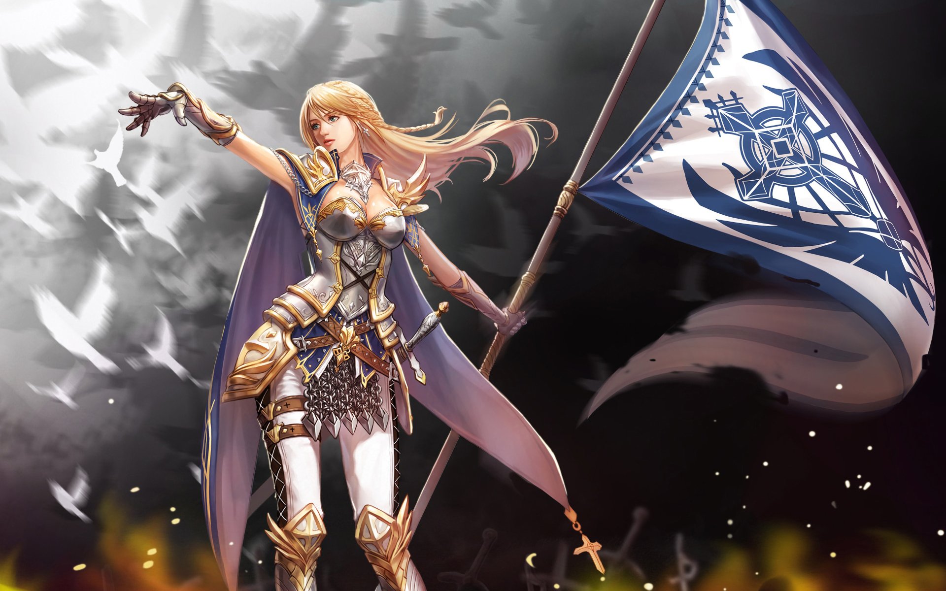 Blonde Warrior Queen in Shining Armor – 4K Fantasy Joan of Arc Knight  Wallpaper by Minjung Seo, image size:1920x1200