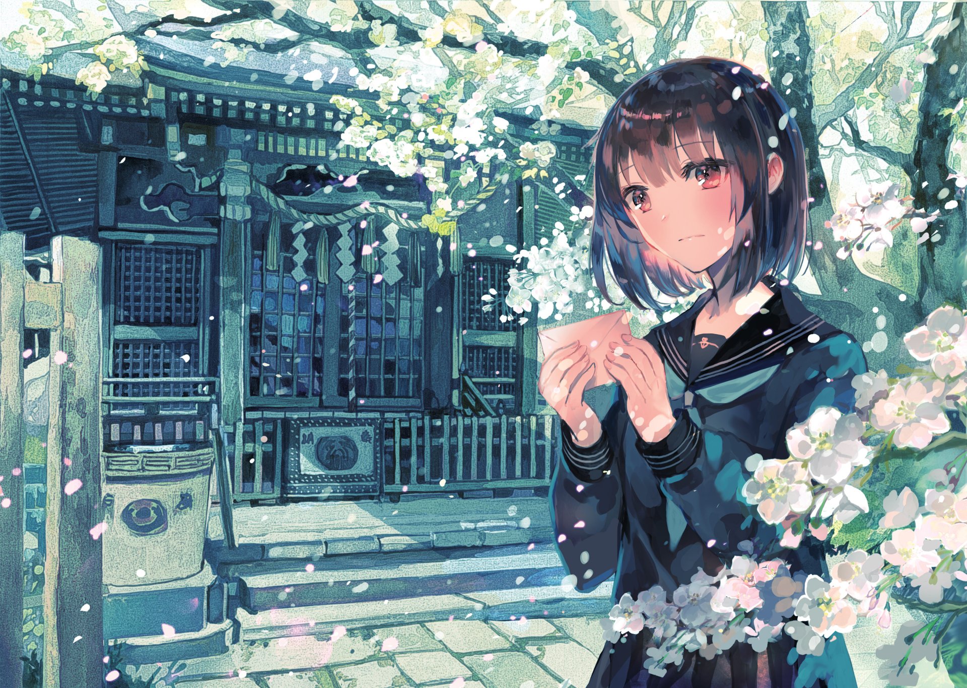 Anime-style HD desktop wallpaper of a schoolgirl in uniform holding a letter, standing amid blooming cherry blossoms in front of a traditional shrine.