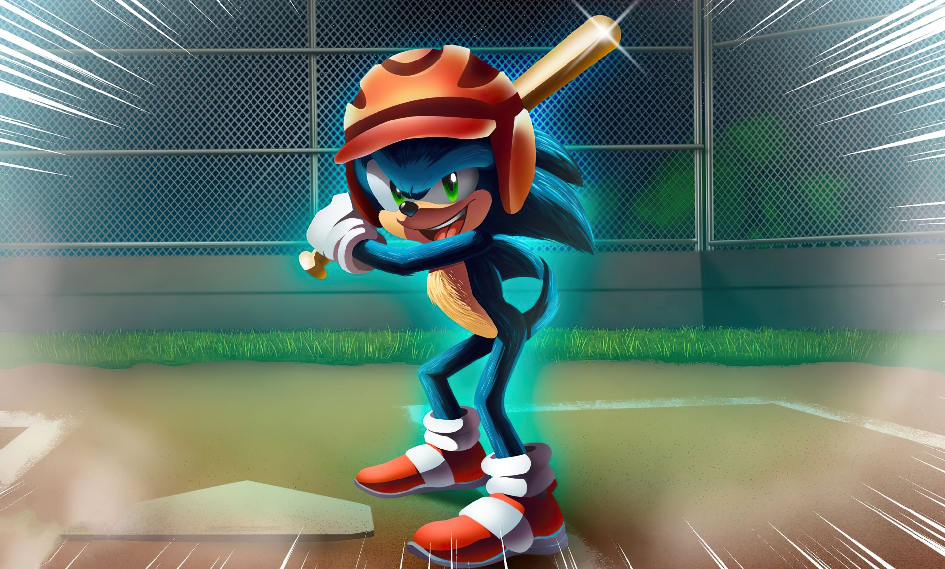 HD PC desktop wallpaper featuring Sonic the Hedgehog ready to bat in a baseball game, blending movie and sports themes with dynamic lighting and vibrant colors.