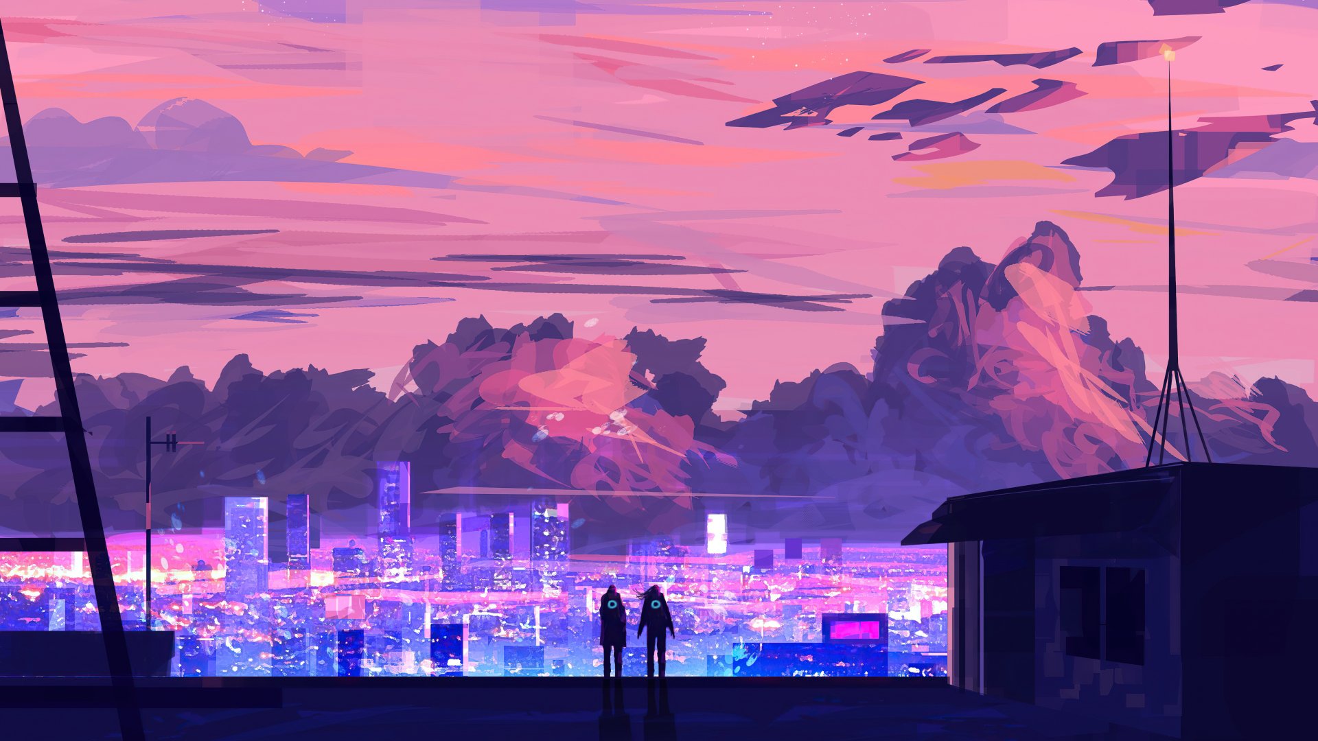 A couple stands overlooking a vibrant, futuristic sci-fi cityscape at sunset, depicted in stunning 4K Ultra HD detail for a PC desktop wallpaper background.