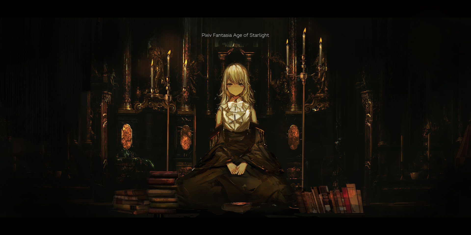 Anime character L from Pixiv Fantasia: Age of Starlight sits peacefully in a dark, candlelit room surrounded by books, rendered in HD for a PC desktop wallpaper.