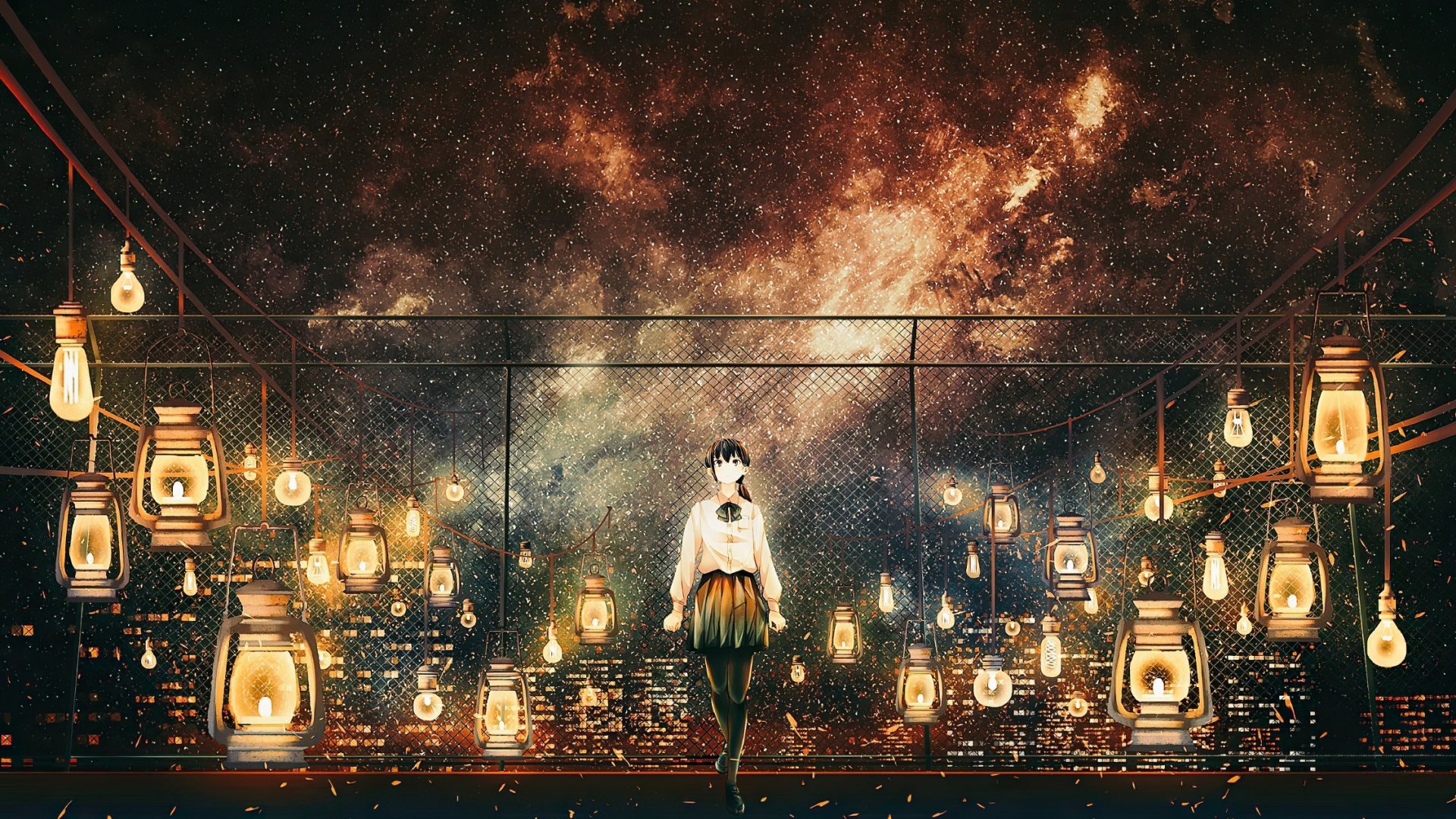 Anime-style city night scene featuring a girl in uniform standing amid glowing lamps under a vibrant starry sky, rendered as an HD PC desktop wallpaper.
