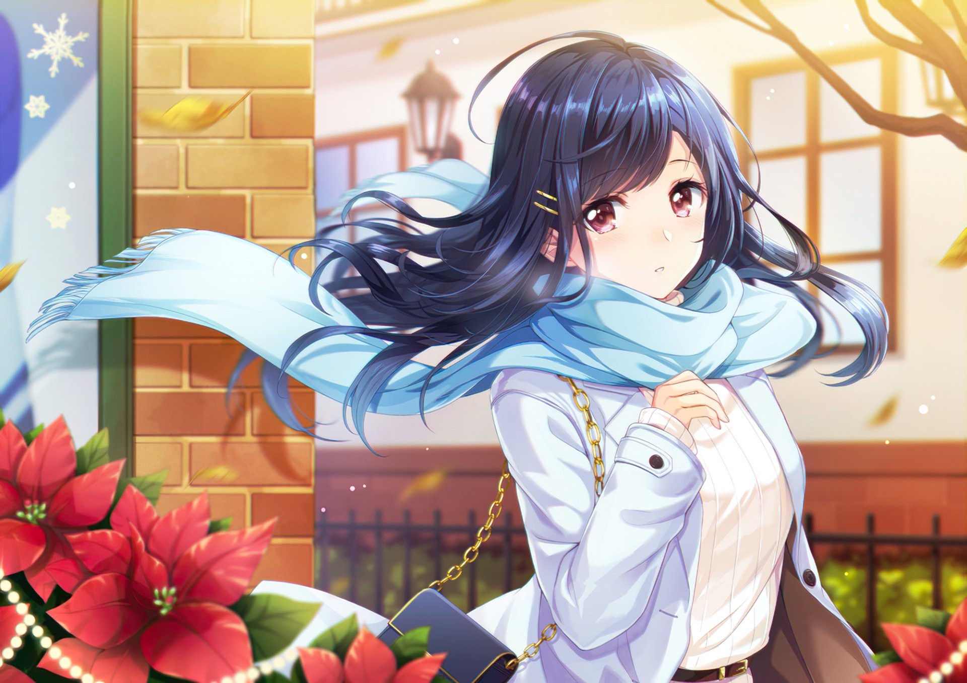 HD anime original artwork of a girl with flowing dark hair and a blue scarf outdoors, designed as a vibrant PC desktop wallpaper background.