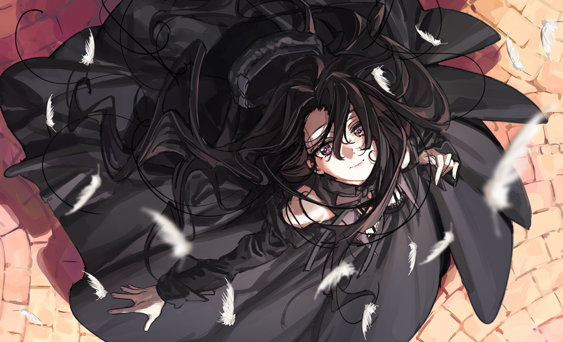 Original anime artwork: a dark-haired girl in a flowing black dress, hair and white feathers swirling as she looks upward — 2K Quad HD PC desktop wallpaper/background.
