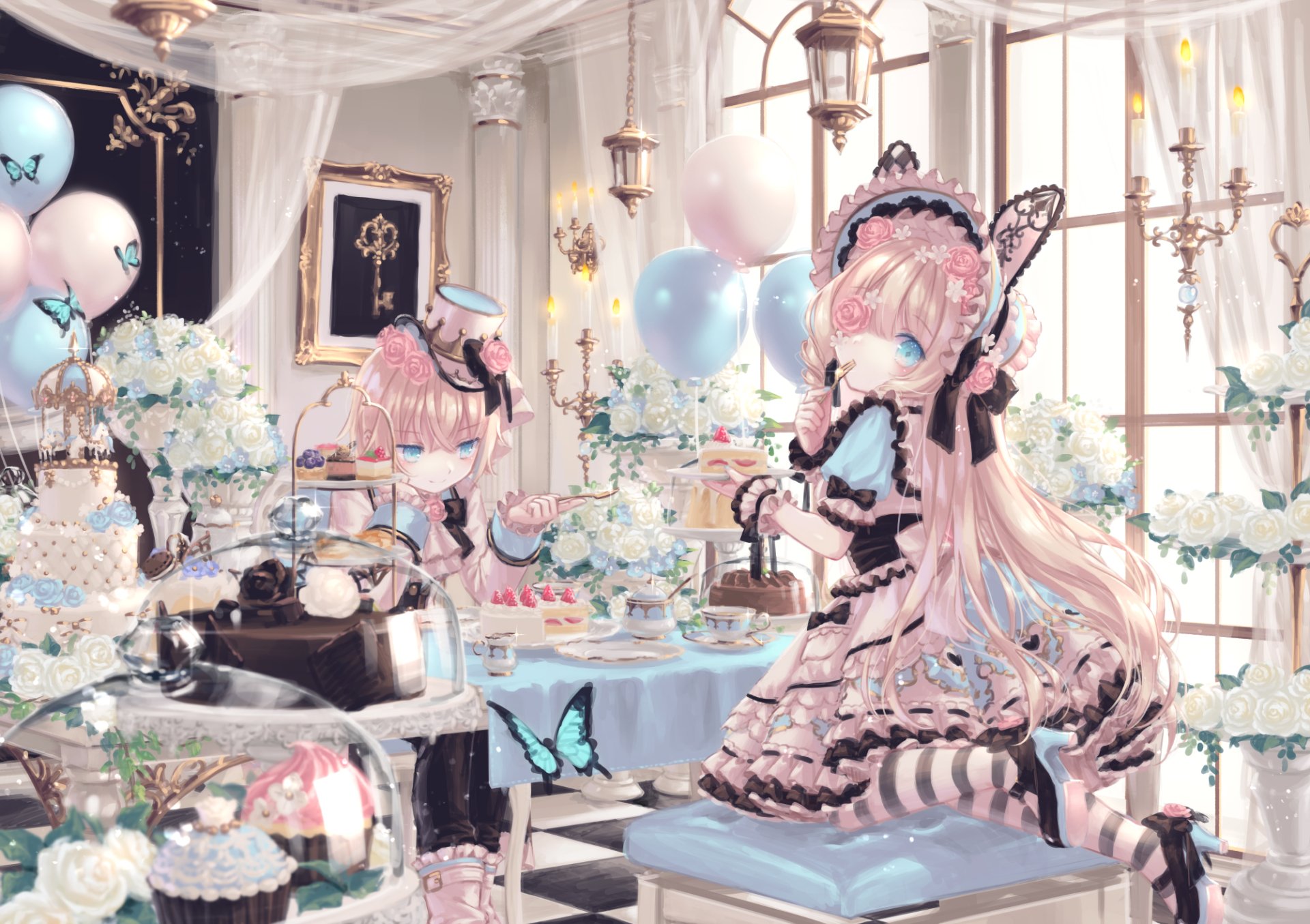 Anime, Original — HD PC desktop wallpaper/background: pastel Lolita girl with long pink hair and bunny ears at an ornate tea party, butterflies, balloons and floral bouquets in a sunlit parlor.