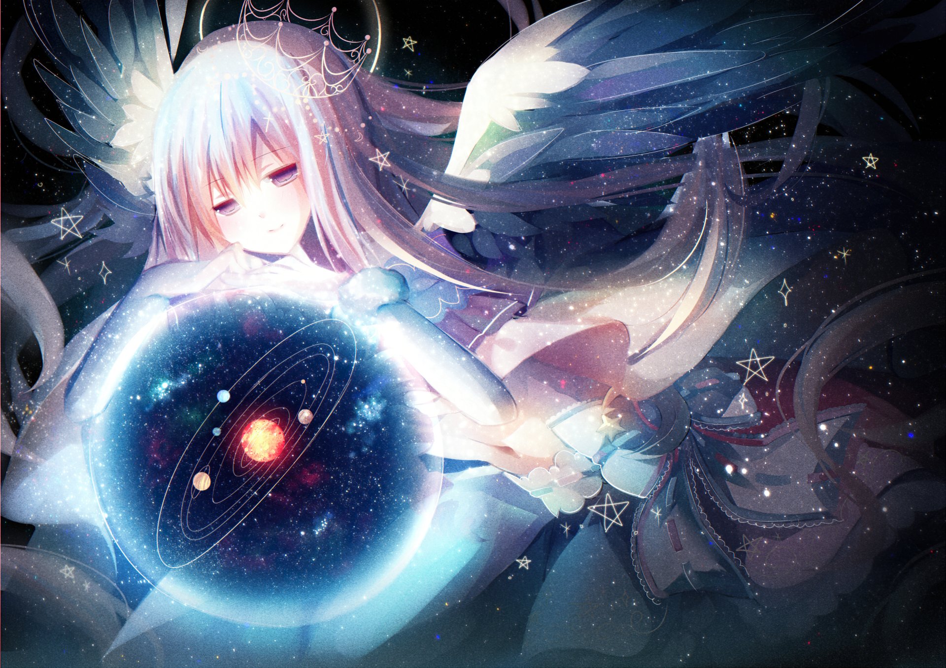 HD anime-style original artwork of a serene angelic figure holding a glowing cosmic orb, set against a starry, celestial background for a PC desktop wallpaper.