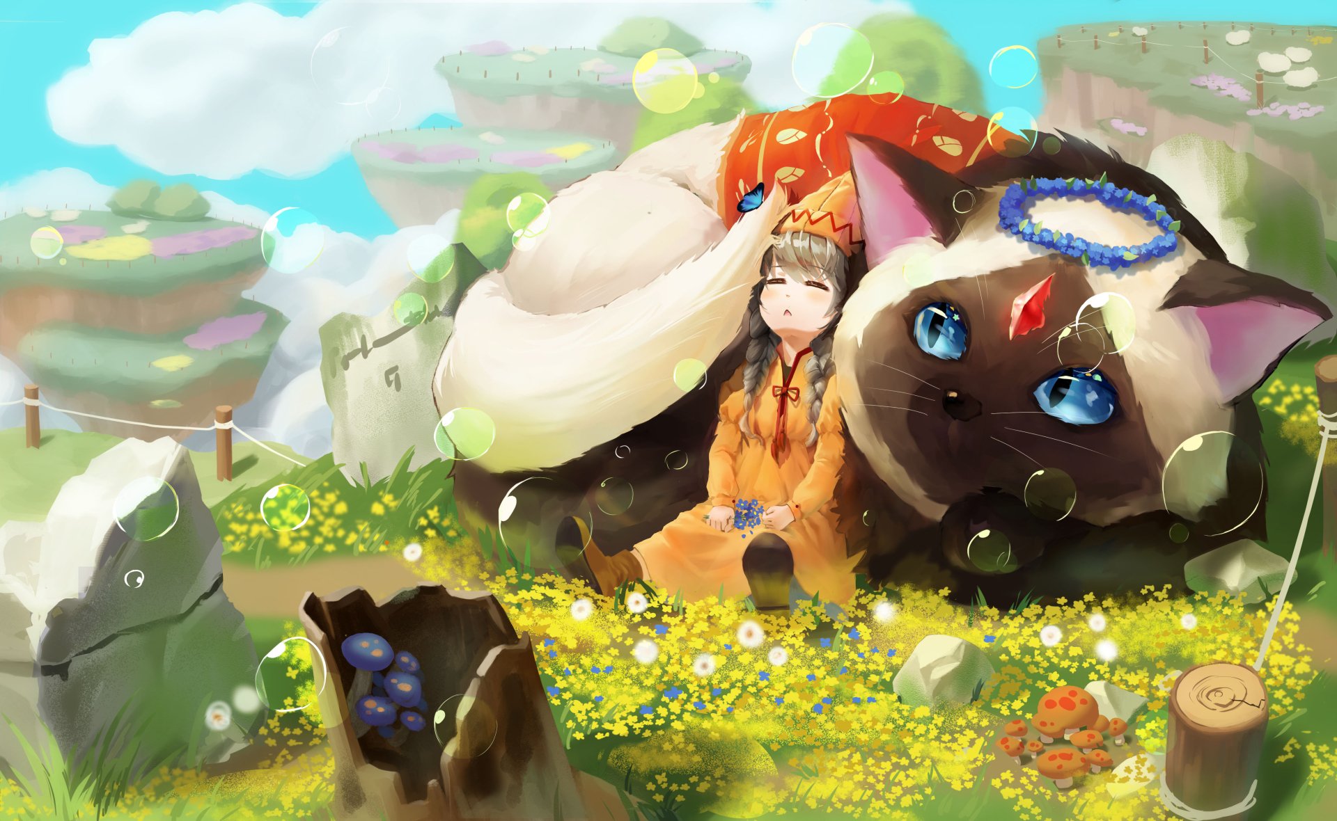 Anime-style HD desktop wallpaper featuring an original character sitting peacefully with a whimsical giant cat in a colorful, vibrant meadow setting.