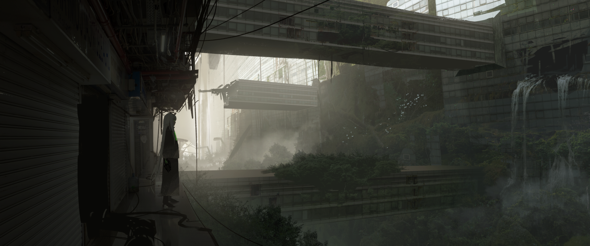HD anime wallpaper featuring an original scene of a futuristic cityscape immersed in fog with a lone figure standing on a platform surrounded by greenery.