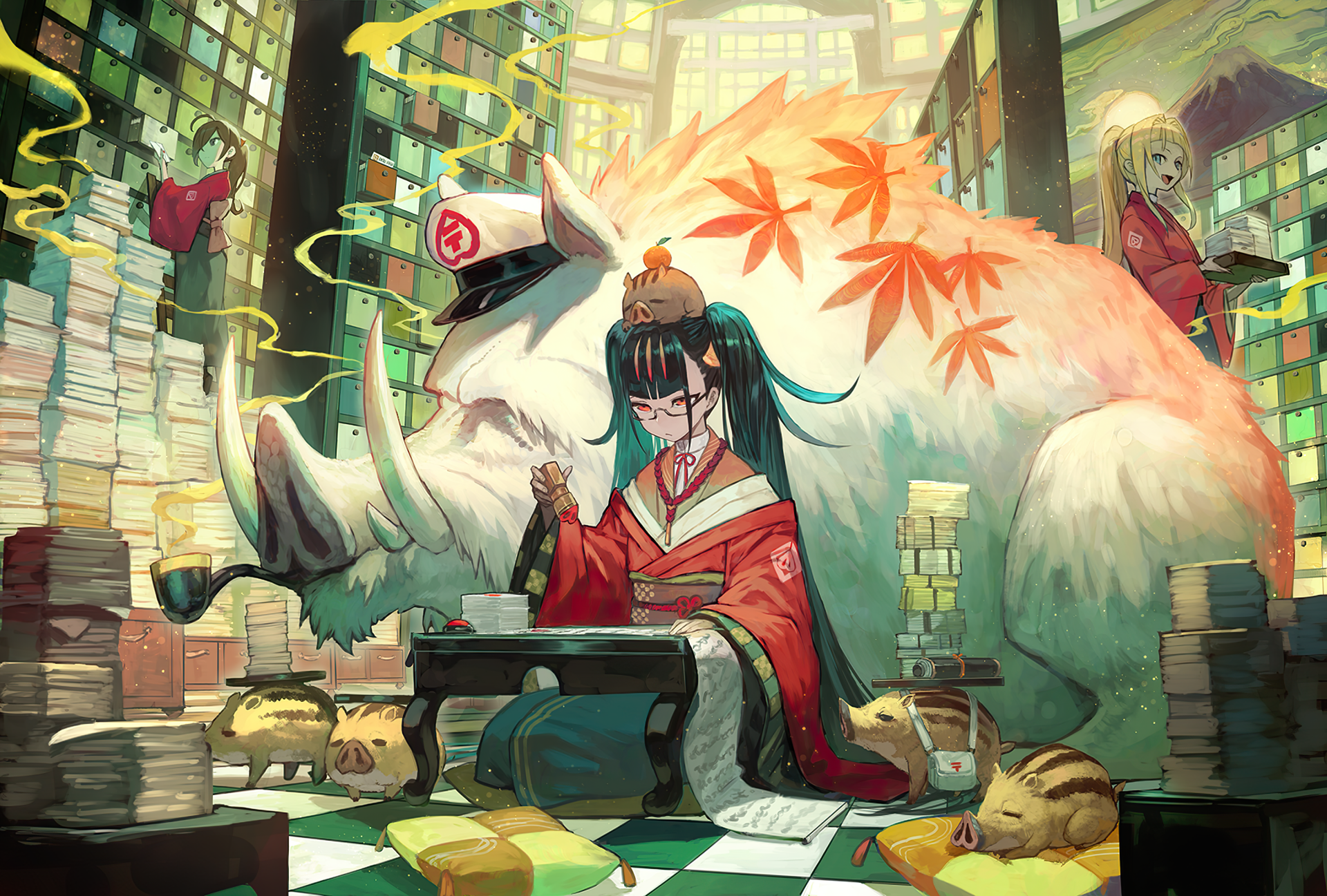 HD anime-style original desktop wallpaper depicting a serene scene with a girl in traditional attire, a large white boar, and a cozy cat surrounded by stacks of books.