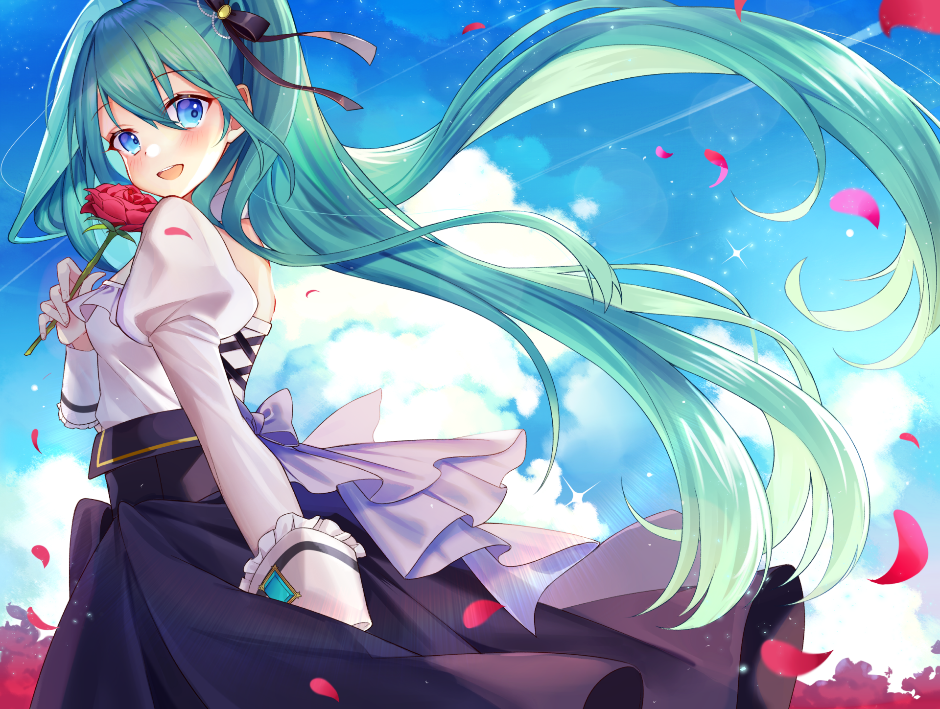 Hatsune Miku anime Vocaloid with flowing teal hair and a school-style outfit, smiling against a bright blue sky with clouds and falling petals — HD PC desktop wallpaper/background.