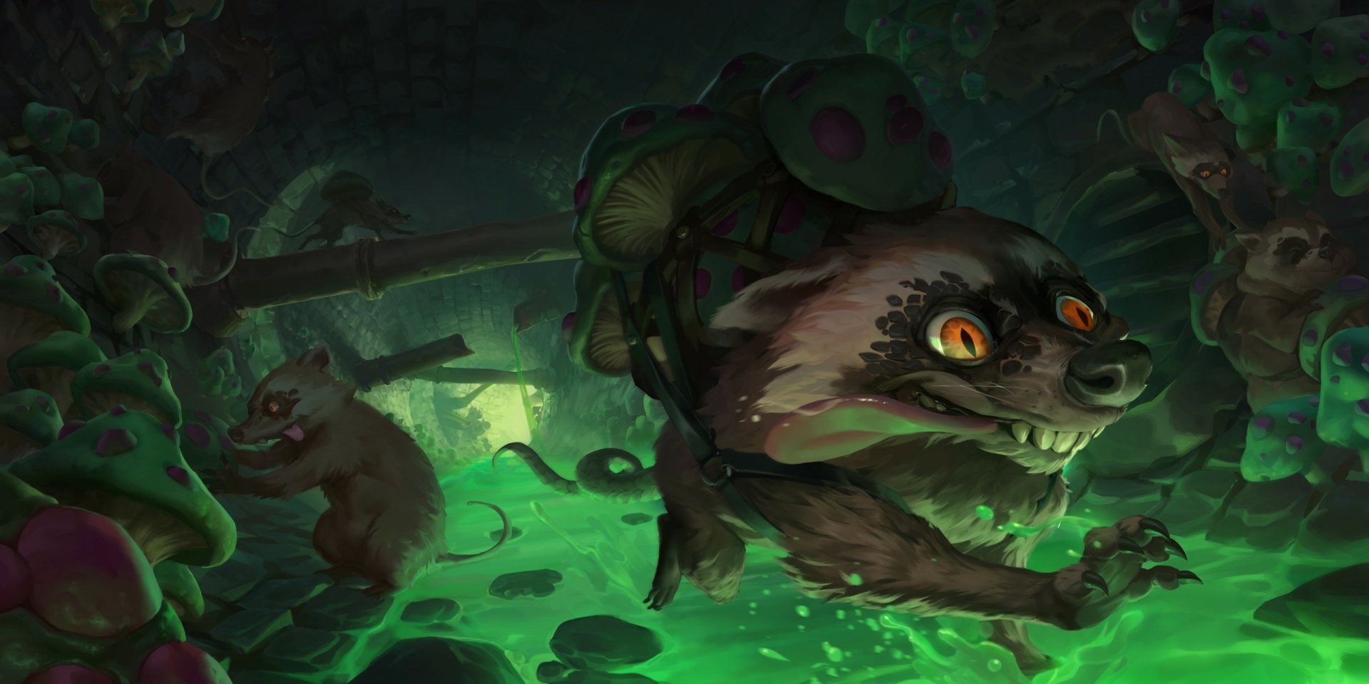 Legends of Runeterra HD PC desktop wallpaper and background: mutant rats with glowing orange eyes and fungal growths dash through a toxic green swamp in vivid dark-fantasy art.