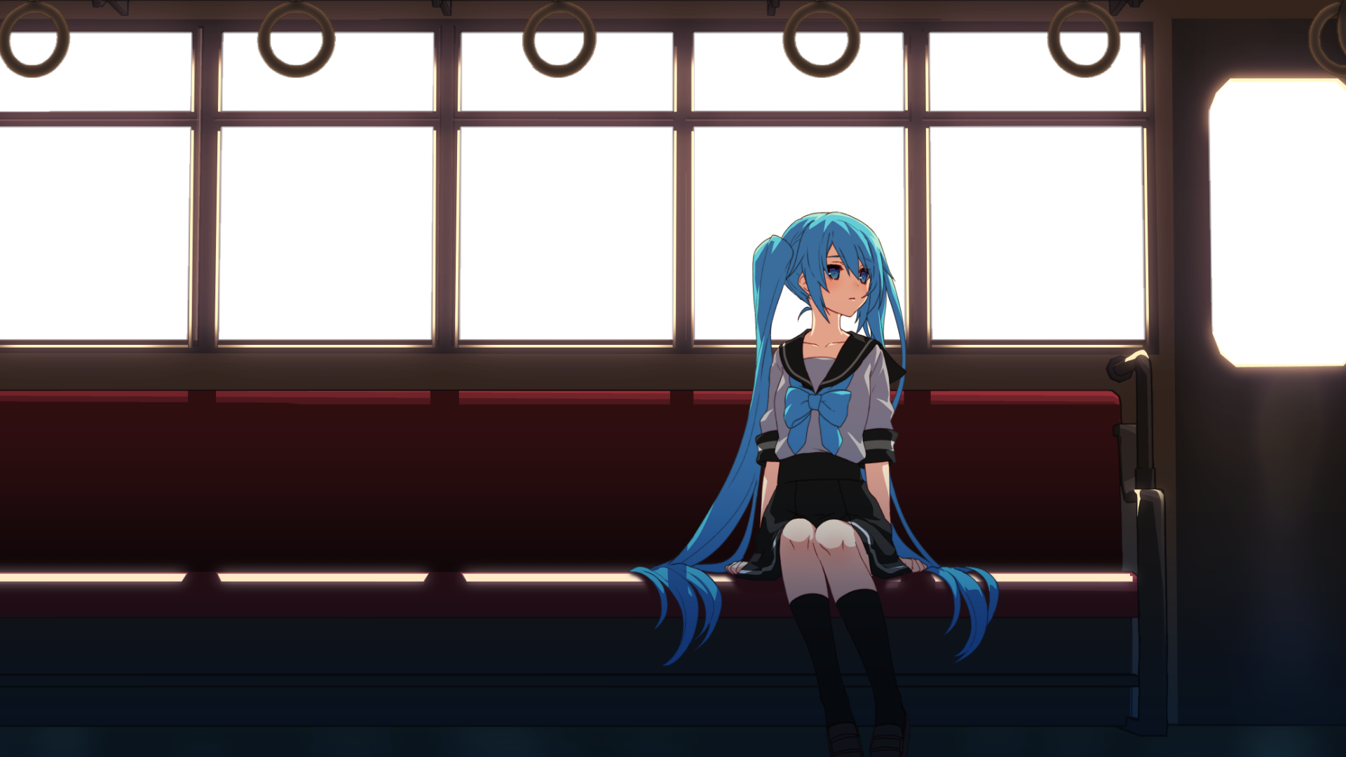 Hatsune Miku, the iconic Vocaloid, sits alone on a bench inside a dimly lit train, captured in an anime-style HD desktop wallpaper.