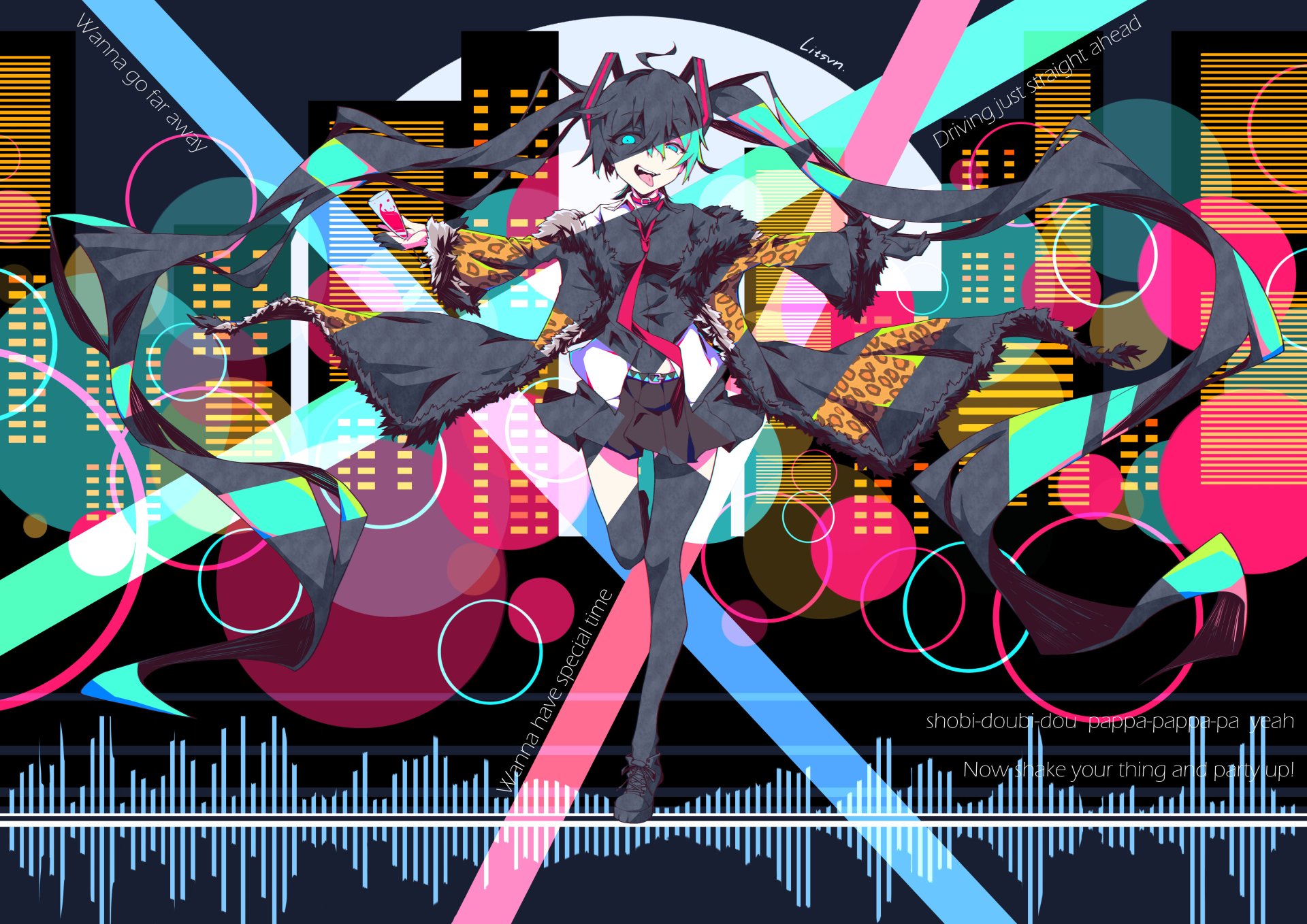 Vibrant 4K Ultra HD anime wallpaper featuring Hatsune Miku, the iconic Vocaloid character, set against a colorful, futuristic cityscape with dynamic light effects.