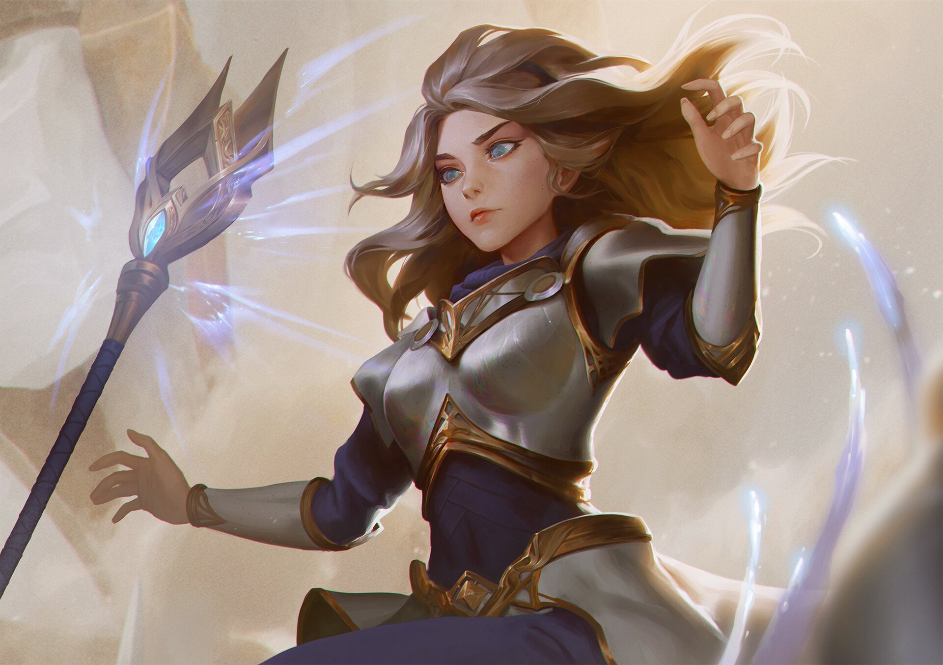 HD PC desktop wallpaper of Lux (League of Legends) — radiant mage in gleaming armor casting a swirling light spell; dynamic video game artwork/background.