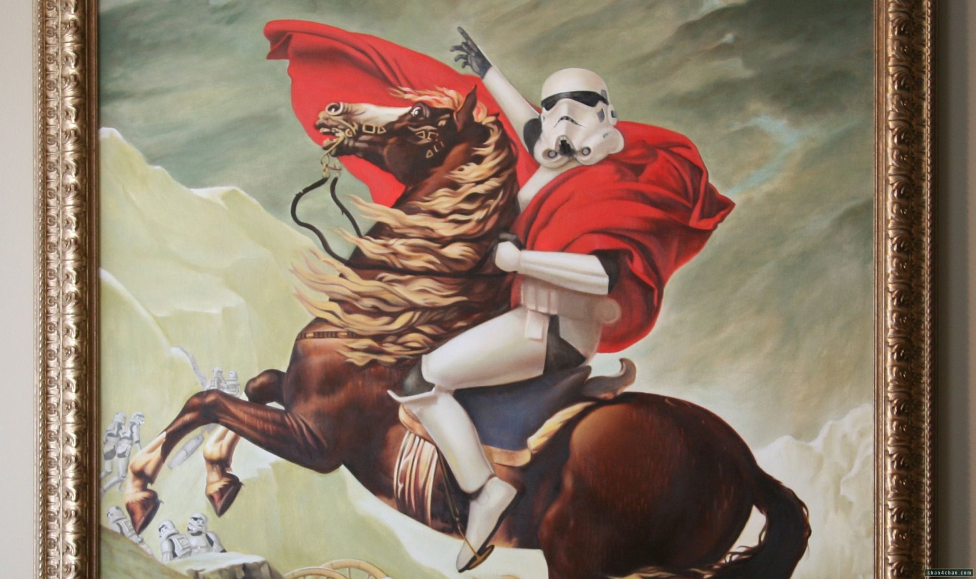 A dynamic HD desktop wallpaper featuring a stormtrooper riding a gallant horse, set against a dramatic backdrop, capturing a unique blend of sci-fi and classic artistry inspired by Star Wars.